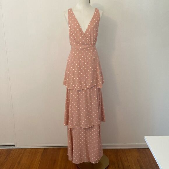 AFRM Pastel Pink Polka Dot Tiered Wrap Maxi Dress Size Small - Picture 2 of 14